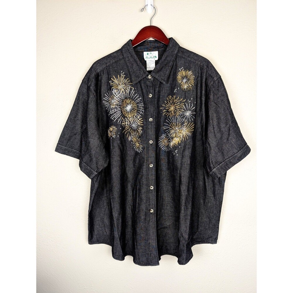 Quacker Factory Embroidered Rhinestone Fireworks Denim Shirt - 3X